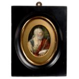 A 19TH C MINIATURE OF BELISARIUS, WATERCOLOUR, POSSIBLY ON IVORY, OVAL, 9 X 6.5CM, EBONISED FRAME