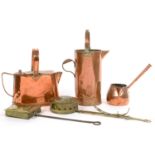 MISCELLANEOUS METALWARE, INCLUDING TWO BRASS CHESTNUT ROASTERS, COPPER SAUCEPAN, WATER CAN, ETC,