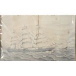 J. HASCOTT, PORTRAIT OF A BARQUE, PENCIL AND CHARCOAL, 46 X 74CM, UNFRAMED, DAMAGED
