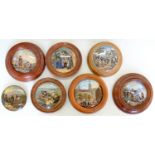 SEVEN PRATT COLOUR PRINTED POT LIDS, VARIOUS SUBJECTS AND SIZES, C1860, ALL BUT ONE IN TURNED WOOD