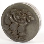 A FRENCH ROUND PEWTER BOX, THE COVER EMBOSSED WITH A ROSE ENGRAVED O LEFEBURE, 13.5CM D