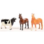 A BESWICK PRIZE COW AND TWO HORSES, VARIOUS SIZES, PRINTED MARK