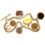 A VICTORIAN FANCY GOLD ALBERT ADAPTED AS A CHARM BRACELET, THE CHARMS INCLUDING A GOLD MOUNTED