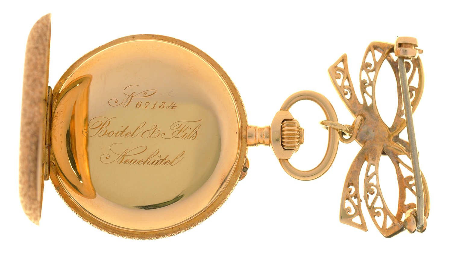 A GOLD HALF HUNTING CASED LADY'S WATCH, MARKED 18K, SIGNED BOITEL ET FILS NEUCHATEL, INSCRIBED - Image 2 of 2