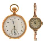 A 9CT GOLD LADY'S WRISTWATCH ON GOLD LINK BRACELET, 1.7 CM DIAM, 12G AND AN ELGIN GOLD PLATED WATCH