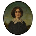 19TH C SCHOOL, PORTRAIT OF A LADY, OIL ON BOARD, FRAMED, OVAL, 27 X 23CM