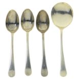 A SET OF THREE GEORGE V SILVER TEASPOONS, BIRMINGHAM 1926 AND ANOTHER GEORGE V SPOON, SHEFFIELD