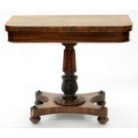 A VICTORIAN ROSEWOOD CARD TABLE ON CARVED PEDESTAL BASE, 76CM H X 91CM W