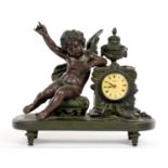 A CONTINENTAL BRONZED SPELTER PUTTO FIGURAL MANTEL TIMEPIECE, 38CM H