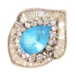 A BLUE TOPAZ AND DIAMOND RING, IN WHITE GOLD, UNMARKED, 13.5G, SIZE N