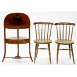 AN INLAID MAHOGANY CORNER WASHSTAND, 58CM W AND A PAIR OF ELM DINING CHAIRS, EARLY 20TH C