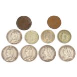 UNITED KINGDOM COINS. FOUR VICTORIAN CROWNS AND A HALFCROWN, FIVE VARIOUS OTHER COINS