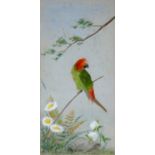 19TH C SCHOOL, A FEATHER PICTURE OF A BIRD WITH WATERCOLOUR BACKGROUND, 20 X 10CM
