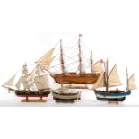 FOUR VARIOUS PAINTED WOOD MODEL SHIPS AND SAILING VESSELS WITH DECK DETAIL, LIFEBOATS, OARS,