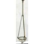 A VICTORIAN BRASS HANGING GAS LIGHT WITH ETCHED GLASS SHADE, 135CM H