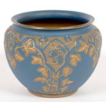 A CALVERT AND LOVATT LANGLEY ART POTTERY JARDINIERE COVERED IN BLUE SLIP AND INCISED WITH GILT HOPS,