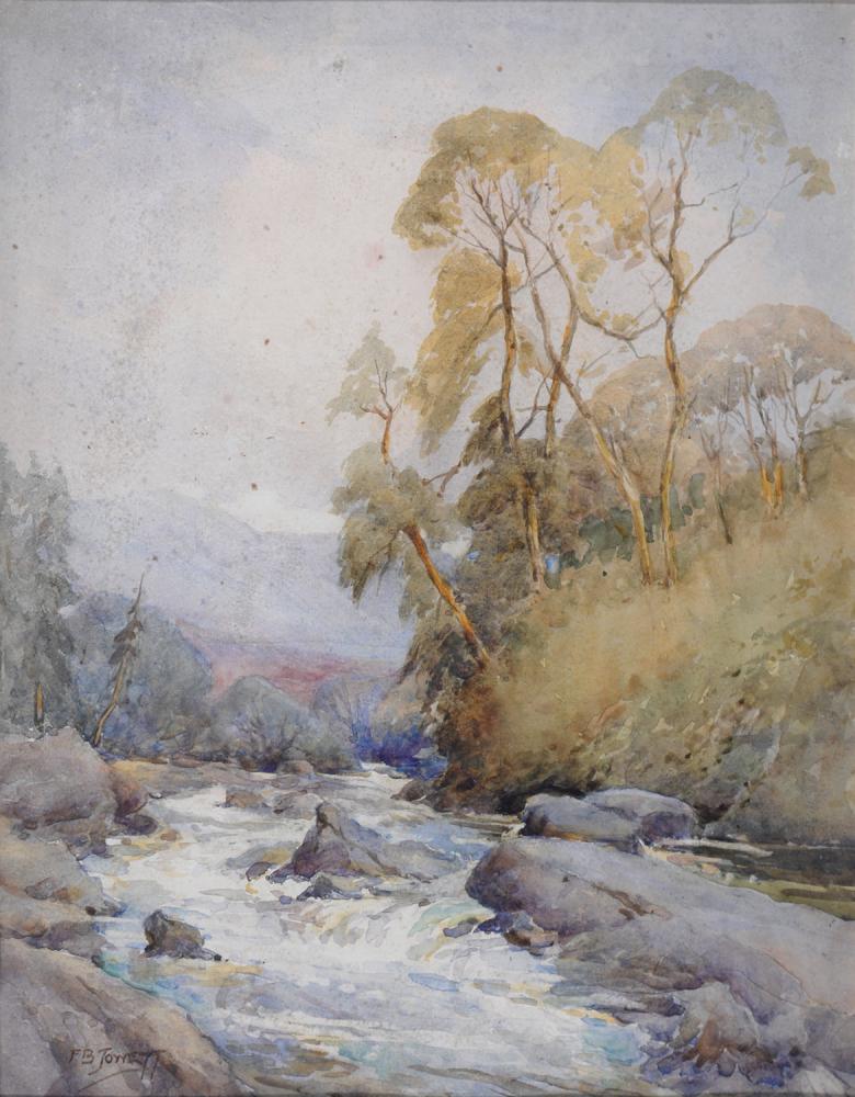 FRANK B JOWETT, A MOUNTAIN TORRENT NEAR KILLIN, WATERCOLOUR, SIGNED, 44.5 X 35CM