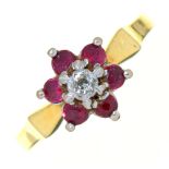 A RUBY AND DIAMOND RING IN GOLD MARKED 18CT, 3.5G, SIZE K