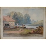 19TH C SCHOOL, LANDSCAPE WITH FIGURES FISHING, SIGNED WITH MONOGRAM G L B, DATED 1850,