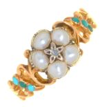 A VICTORIAN ROSE CUT DIAMOND, PEARL AND TURQUOISE RING, IN GOLD, UNMARKED, 2G, SIZE N