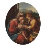 FOLLOWER OF CORREGGIO, THE VIRGIN AND CHILD WITH ST ANNE, OIL ON CANVAS, OVAL, 28 x 23cm