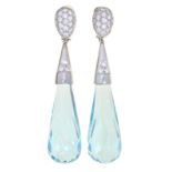PAIR OF AQUAMARINE BRIOLETTE EARRINGS, WITH PAVE DIAMONDS IN PLATINUM, MARKED PT900, 5.2 CM L APPROX