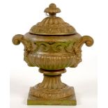 A GILT IRON VASE AND COVER ON SQUARE FOOT, 22CM H, 19TH C, A SET OF BRASS COW BELLS AND A PAIR OF