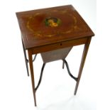 AN EDWARDIAN PAINTED MAHOGANY WORK TABLE WITH FITTED INTERIOR ON SQUARE TAPERING LEGS, 74CM H; 41