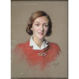 VICTOR VOYSEY, 1946, PORTRAIT OF A LADY IN A RED DRESS BUST LENGTH, SIGNED INDISTINCTLY AND DATED,