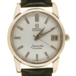 AN OMEGA SEAMASTER CALENDAR STAINLESS STEEL WRISTWATCH, LEATHER STRAP, 2.8 CM DIAM