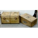 A VICTORIAN BRASS MOUNTED OAK PLATE CHEST WITH SLOPING LID, 47CM W, A CANVAS COVERED CABIN TRUNK AND