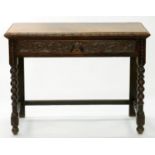 A VICTORIAN CARVED OAK SIDE TABLE ON TURNED LEGS, 78CM H; 108 X 43CM