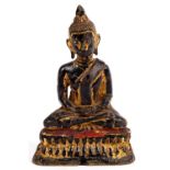 A SOUTH EAST ASIAN GOLD LACQUERED BRONZE SCULPTURE OF A BODHISATTVA, 10CM H