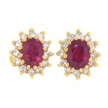 A PAIR OF RUBY AND DIAMOND CLUSTER EARRINGS, IN GOLD MARKED 18, 2G