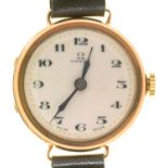 AN OMEGA 9CT GOLD LADY'S WRISTWATCH, LEATHER STRAP, 2.1 CM DIAM