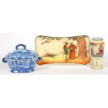 A BLUE PRINTED EARTHENWARE SAUCE TUREEN AND COVER WITH RUSTIC FIGURES, OPEN GATE AND THATCHED