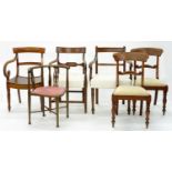 AN EDWARDIAN INLAID MAHOGANY CORNER CHAIR, A PAIR OF MAHOGANY DINING CHAIRS, AN INLAID MAHOGANY