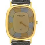 A FAVRE-LEUBA GOLD PLATED LADY'S WRISTWATCH, LEATHER STRAP,  2.7 CM CUSHION DIAL