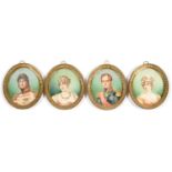 A SET OF FOUR CONTINENTAL DECORATIVE OVAL PORTRAIT MINIATURES OF NOBLEMEN AND WOMEN, OVAL, 7.5 X 5.