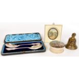 A 19TH C POT LID AND BASE, A PAIR OF ORNATE VICTORIAN EPNS SERVING SPOONS, CASED AND TWO OTHER ITEMS