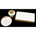 A SATIN BRASS AND TRANSLUCENT WHITE ENAMEL CIGARETTE BOX, ASHTRAY AND LIGHTER OF VASE SHAPE, BOX
