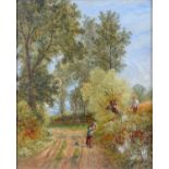 ENGLISH SCHOOL, FIGURES ON A COUNTRY LANE, OIL ON BOARD, 26 X 22CM