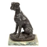 A BRONZED METAL STATUETTE OF A SEATED DOG AFTER BARYE, ON MARBLE BASE, 23CM H, C1960
