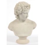 A VICTORIAN PARIAN WARE BUST OF ANTINOUS ON SOCLE, 41CM H, UNMARKED, C1870