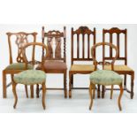 A PAIR OF VICTORIAN CARVED WALNUT BALLOON BACK DINING CHAIRS, A CARVED OAK DINING CHAIR WITH