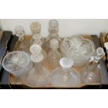SEVEN 19TH C AND LATER CUT GLASS DECANTERS AND STOPPERS, A CLARET JUG AND OTHER CUT GLASSWARE