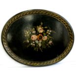 A VICTORIAN PAPIER MACHE OVAL TEA TRAY DECORATED WITH FLOWERS, 76CM W