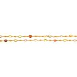 A GOLD NECKLACE MARKED 750, SPECTACLE SET WITH AMETHYST, GARNET, PERIDOT, AQUAMARINE AND CITRINE,
