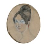 19TH C SCHOOL, PORTRAIT OF A LADY, WATERCOLOUR AND CHALK, OVAL, 15 X 12CM, IN CONTEMPORARY