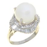 A SOUTH SEA CULTURED PEARL AND DIAMOND RING, THE SILVER WHITE PEARL 1.2 CM DIAMETER, THE BRILLIANT